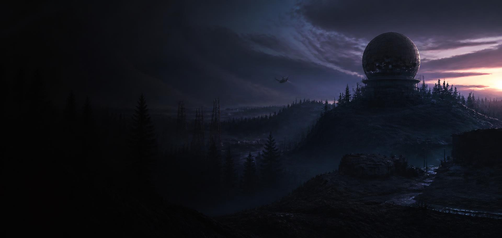 Cinematic Rust wilderness at dusk — radar dome on the ridge above a fogged valley